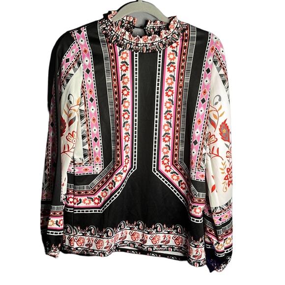 Halife Black and Pink Print High Neck Long Sleeve Blouse Size Small - Picture 1 of 10
